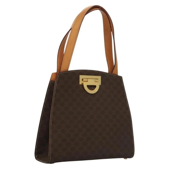 CELINE Macadam Canvas Hand Bag PVC Leather Brown Gold - Picture 1 of 16